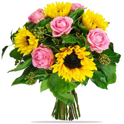 Sonnenblumen und rosa Rosen