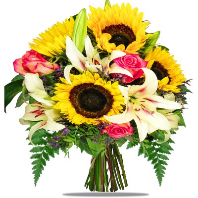 Sonnenblumen und Lilien