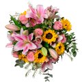 Sonnenblumen, Rosen und Lilien