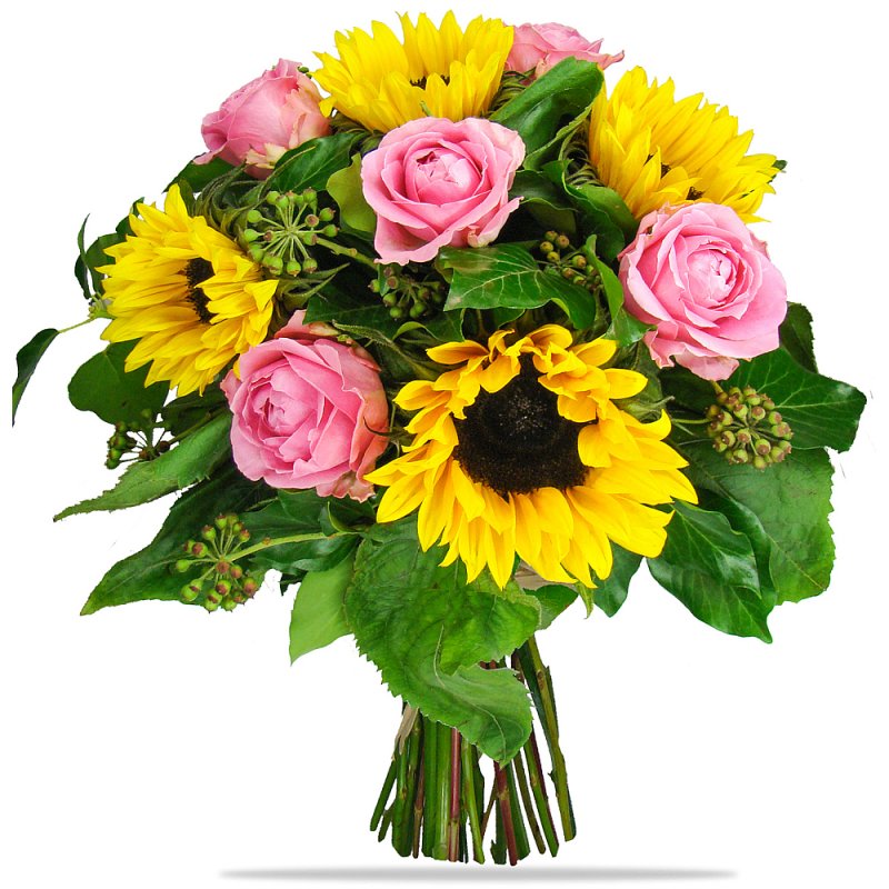 Sonnenblumen und rosa Rosen