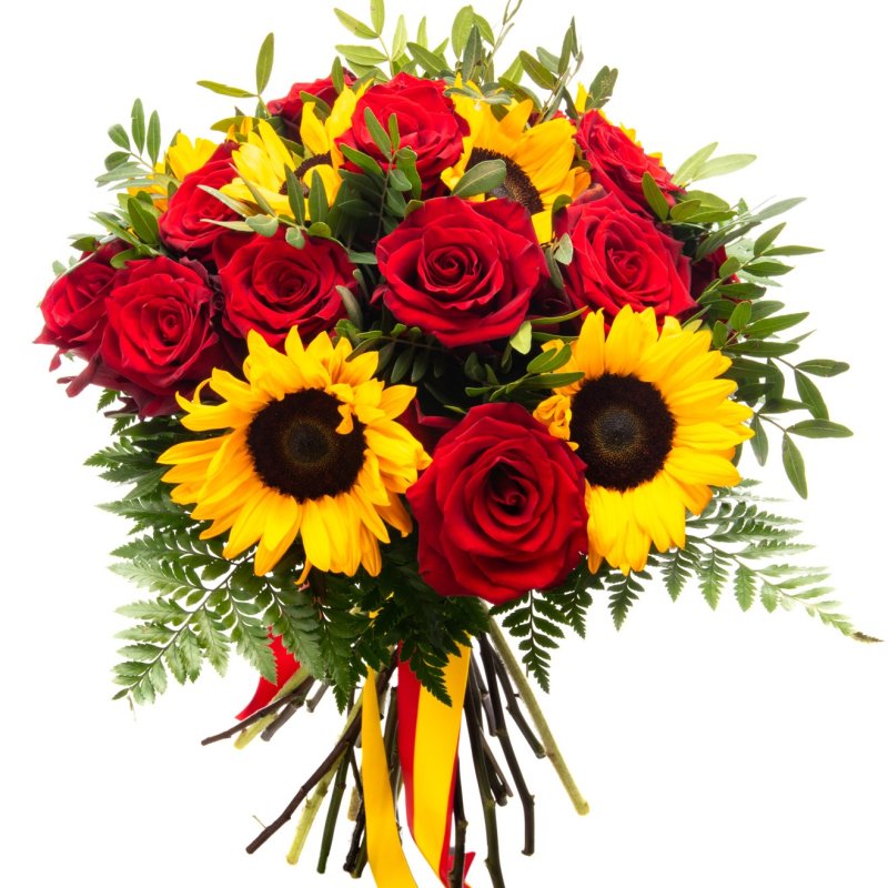 Sonnenblumen und rote Rosen