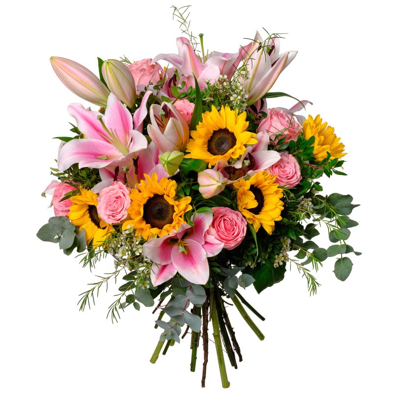 Sonnenblumen, Rosen und Lilien